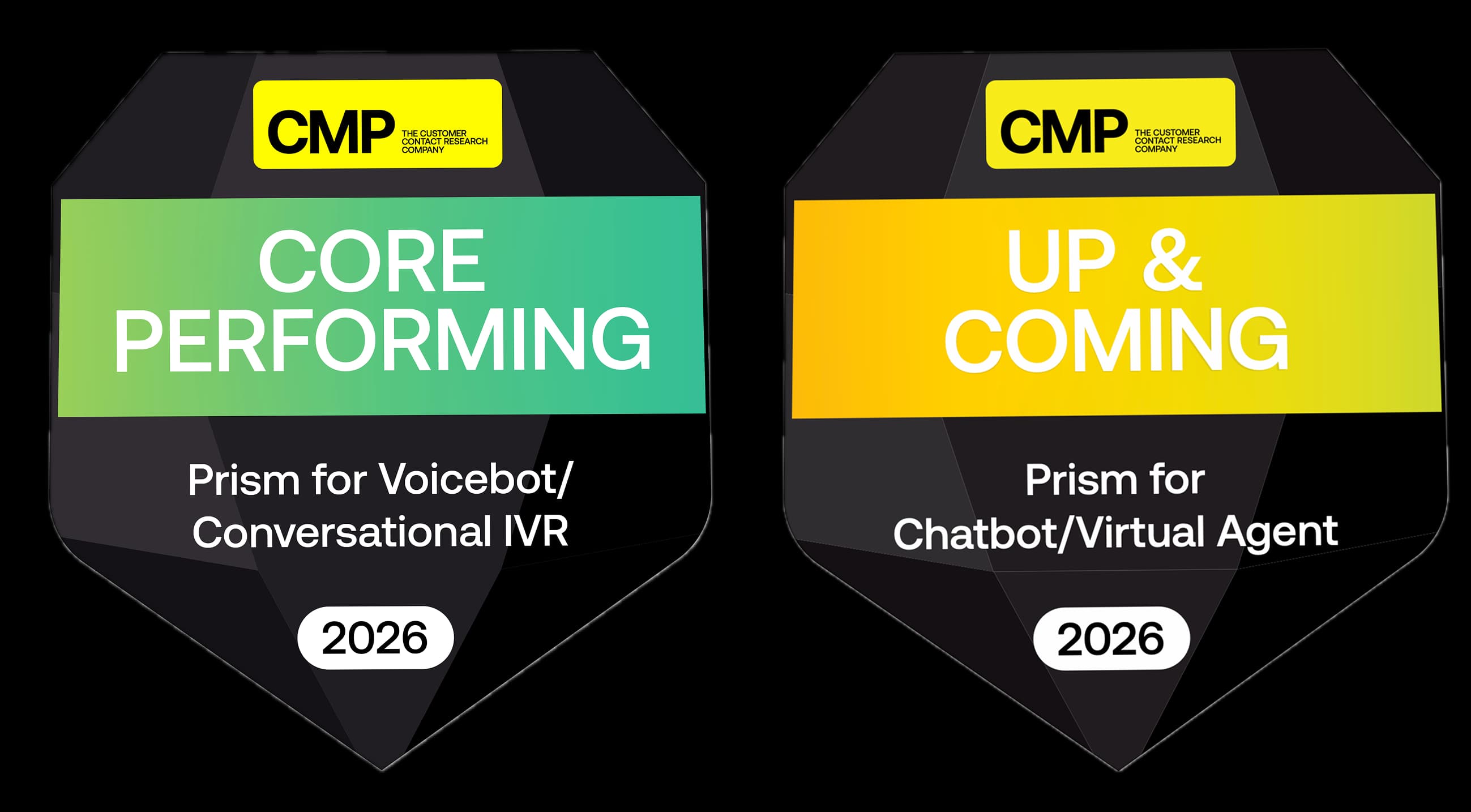 CMP Research Prism 2026 badges, Voicebot and Conversational IVR category and Chatbot and Virtual Agent category