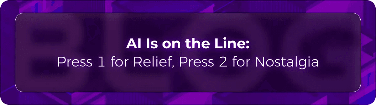 Orvera AI blog thumbnail featuring the headline “AI Is on the Line: Press 1 for Relief, Press 2 for Nostalgia” on a purple background, representing AI-powered automation for healthcare IVR and call handling.