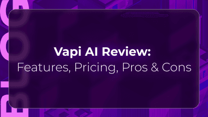 Thumbnail graphic for “Vapi AI Review: Features, Pricing, Pros & Cons,” featuring a purple abstract design and blog title text for a review of Vapi AI’s voice agent platform.
